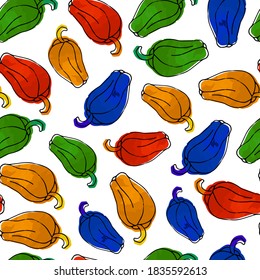 Bright peppers seamless pattern. Vector design for paper, wrapping paper, textile, package. Hand drawn and watercolor texture.
