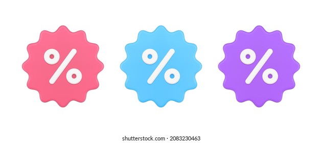 Bright percent circled 3d icon template with ragged edges vector illustration. Rounded red, blue, purple percentage financial symbol for sale, discount, price tag, special offer, black friday isolated
