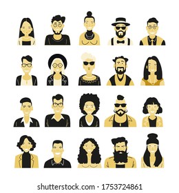 Bright person portrait. Avatars set. Hand drawn flat style. Illustration of male and female faces and shoulders. Vector people icons.