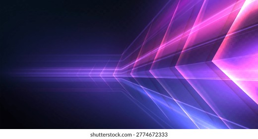 A bright perspective light road with blue, cyan and violet rays on a dark background, a futuristic vector high-speed tunnel and a glowing digital trajectory effect.