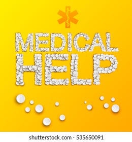 Bright pharmaceutical template with medical help inscription from pills and drugs on yellow background vector illustration
