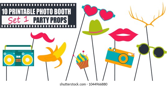 Bright Photo Booth Props Icon Set Vector Illustration. Collection Of Icons With Hipster Style Designs  Lips,  Mustache, Glasses. Perfect For Photobooth Shooting 