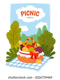 Bright picnic party poster vector flat illustration. Colorful invitation placard to outdoor recreational dinner, breakfast or supper with basket full of fresh food and drink on plaid at forest park