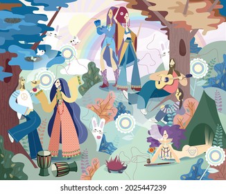 A BRIGHT PICTURE .HIPPIE PARTY IN NATURE IN THE FOREST ON THE BACKGROUND OF RAINBOWS AND FLOWERS. IN ADDITION TO PEOPLE, THERE ARE HARES, BIRDS AND A HEDGEHOG.
