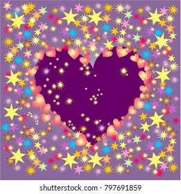 A bright picture with a purple heart and colorful stars.