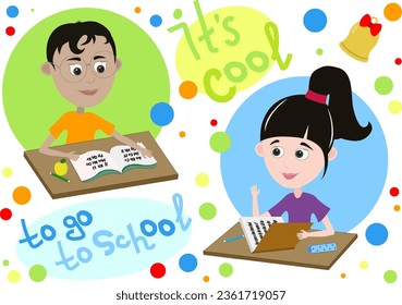 Bright picture with two children in the school. A schoolgirl reading a book and wants to answer, and a schoolboy learning the alphabet