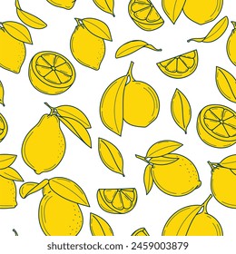 Un patrón brillante y pintoresco sin fisuras con limones dibujados sobre un fondo blanco! Alegra tu diseño con frescura y energía con este hermoso patrón que destaca el tono amarillo.