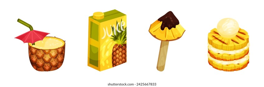 Helle Ananas Frucht Süße Dessert und Lebensmittel Vektor Set