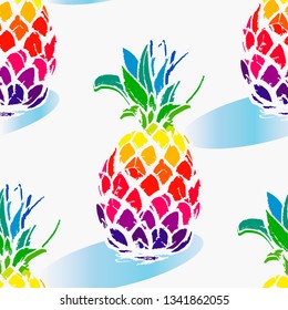 Bright Pineapple fruits Illustration in seamless pattern on white isolated background in Vector. Tropical exotic pattern with vivid hand drawn pineapples