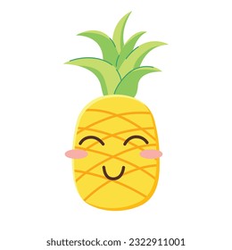 Bright pineapple kawaii vector illustration isolated on white background. Summer doodle design of juicy tropical fruit with smiling face