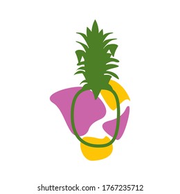 La piña brillante se coloca sobre un fondo blanco. Resumen Piña pintada con manchas rosas y amarillas.