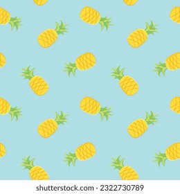 Bright pineapple summer seamless pattern background. Vector loopable illustration of sweet tropical fruit isolated on blue. Colorful doodle design of food for textile, print, fashion, wrapping paper