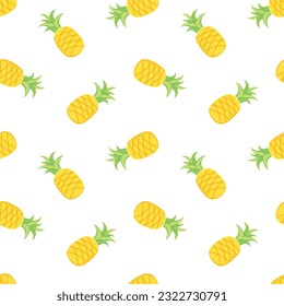 Bright pineapple summer seamless pattern background. Vector loopable illustration of sweet tropical fruit isolated on white. Colorful doodle design of food for textile, print, fashion, wrapping paper