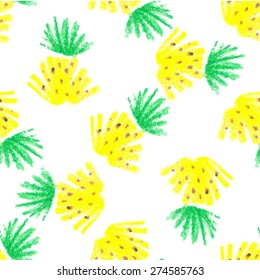 Bright pineapples seamless pattern. Hand drawn with crayons