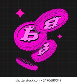 Bright pink 2D Bitcoin in flat cartoon style. Isolated illustration of currency. Flying coins or Money. Flat, Cryptocurrency. Fintech Blockchain. Currencies Isolated. Illustration in Retro y2k style.
