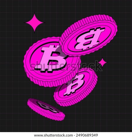 Bright pink 2D Bitcoin in flat cartoon style. Isolated illustration of currency. Flying coins or Money. Flat, Cryptocurrency. Fintech Blockchain. Currencies Isolated. Illustration in Retro y2k style.
