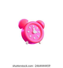 Bright pink 3D alarm clock icon. Vector illustration of a classic alarm clock design in a vivid pink hue, symbolizing punctuality, wakefulness, and playful design.