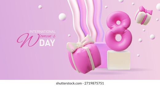 Un Anuncio 3D rosa brillante con cajas de regalo inflables y el número ocho para el Día Internacional de la Mujer. Adecuado para un volante, postal o invitación. Vacaciones de primavera. Vector ilustración de dibujos animados.