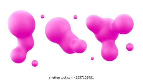 Bright pink 3d blobs with smooth rounded shapes floating on white background. Abstract liquid forms with soft gradients. Playful futuristic metaballs. Round aqua splash, oil or lava elements.