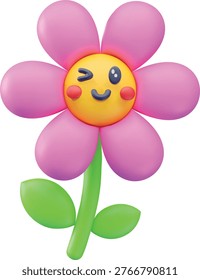 A bright pink 3D flower with leaves and a winking face on a stem. Flora, spring, nature. Kawaii children's character. For cards, decorations, stickers, and baby products. Vector. Render. Icon.