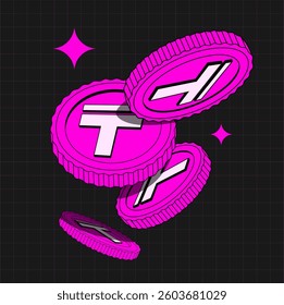 Bright pink 3D tenge in flat cartoon style. Isolated illustration of currency. Flying coins or Money. Currencies Isolated. Illustration in Retro y2k style. Vector