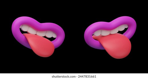 Bright pink 3D vector cartoon mouths with tongues hanging out from different angles on a black background.Design element