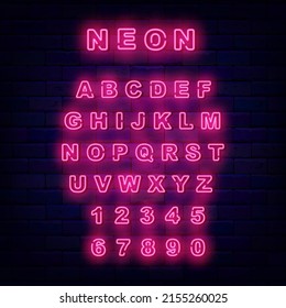 Bright pink alphabet. Night brick wall background. Neon inscription. Shiny abc for text. Glowing effect poster. Editable stroke. Vector stock illustration