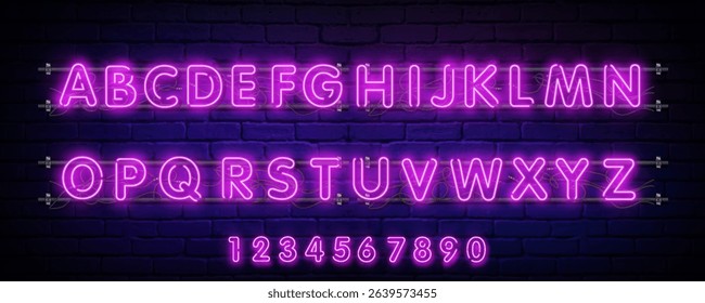 Bright pink alphabet. Night brick wall background. Neon inscription. Shiny abc for text. Glowing effect poster. Editable stroke. Vector stock illustration