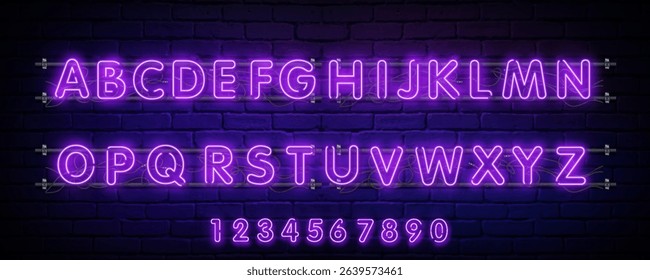 Bright pink alphabet. Night brick wall background. Neon inscription. Shiny abc for text. Glowing effect poster. Editable stroke. Vector stock illustration