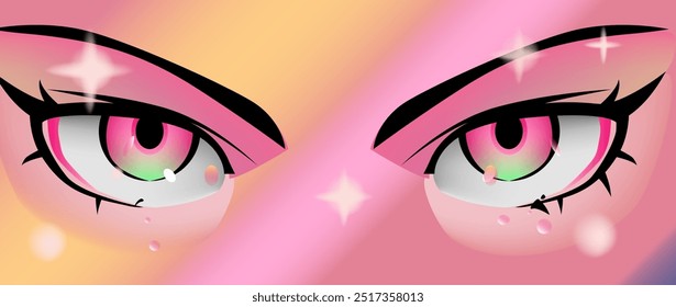 Ojos de anime rosados brillantes con pestañas largas sobre fondo pastel degradado atmosférico con destellos.