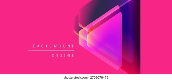 El fondo rosa brillante presenta triángulos en capas. Los colores degradados cambian de púrpura a magenta. El texto minimalista lee el diseño de fondo. Estética moderna.