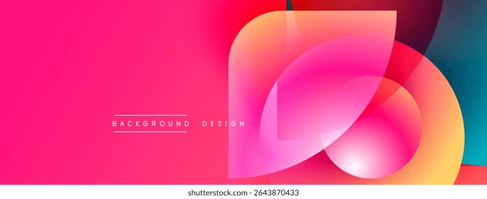 Fundo rosa brilhante apresenta sobreposição de formas coloridas. Os matizes de gradiente criam um design abstrato moderno. O texto lê o design do plano de fundo.