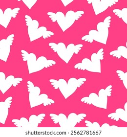 Bright pink background adorned with white winged hearts creating a playful and cheerful pattern for decorations and designs.