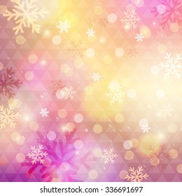 Bright pink background with bokeh and snowflakes, vector illustration