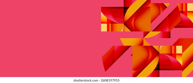 Bright pink background. Right side features abstract orange shapes, layered, geometric. Modern design, vibrant colors, dynamic composition.
