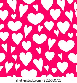 bright pink background with simple white hearts of different sizes. seamless background for valentine's day. two-color background for lovers. print for fabric, wrapping paper, cover