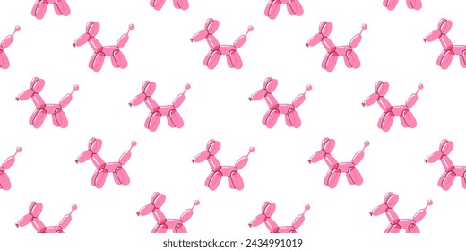 Bright pink balloon dog. Bubble animal in a shape of puppy. Vector cute seamless pattern isolated on white background.