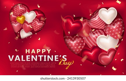 Bright pink banner with 3d puffy colorful hearts and golden streamers in paper cut out heart shape for Valentine's Day celebration. Template of romantic love card with glittering confetti and hearts 