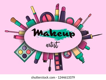 Bright pink banner with decorative cosmetics in flat style. Can be used to create a business card for a makeup artist, and can also be used for an advertising banner or background.