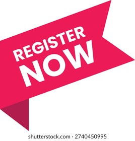 A bright pink banner with the words 'REGISTER NOW' in white text on a white background. The banner is angled and has a folded corner, giving it a dynamic and attention-grabbing appearance. This image can be used to draw attention to a call to action, such as a registration deadline or a limited-time offer.
