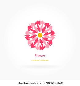 Bright pink beautiful circular logo for boutique, flower shop, business, interior. Company mark, emblem, element. Simple geometric mandala logotype. Kaleidoscope big bud. Surround abstract blossom.