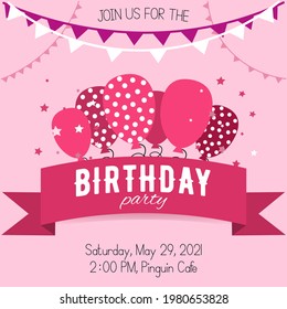 Bright pink birthday card for a girl with balloons and stars. Children's theme party. A cheerful invitation to a children's party.