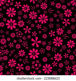  Bright pink and black seamless background with a pattern of a variety of small flowers for spring or summer design
