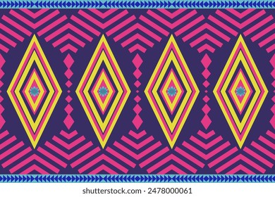 Bright Pink and Blue Geometric Tribal Pattern: Striking Ethnic Design for Bold Textiles, Modern Wallpapers, and Vibrant Decor. Dynamic and Eye-Catching