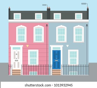 Bright Pink and Blue Georgian Typical UK Terraced Houses 