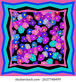 Bright pink and blue scarf with multicolor abstract flowers on black background in avant-garde frame. Vintage primitive style. Floral pattern can be used as seamless print. For scarfs, textile. Vector