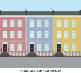 Bright Pink, Blue  and Yellow Georgian Typical UK Terraced Houses - Vector 