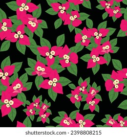 Bright Pink Bougainvillea in Full Bloom with Tiny Yellow Blossoms and Green Leaves on a Black Background Create This Repeat Vector Seamless Pattern Design