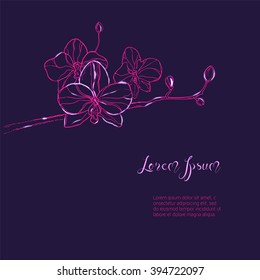 The bright pink branch of orchids flower with highlights on dark purple Background. The hand drawn ink sketch. Vector Background with place for your text. Ideal for greeting cards or invitations.