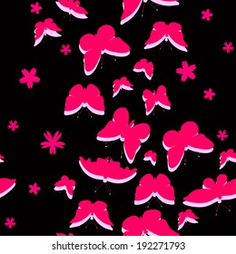 Bright pink butterflies and Sakura flowers on a black background seamless